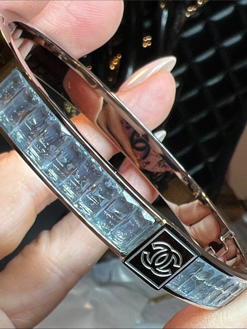 Silver Iridescent Crystal Bangle with CC Logo